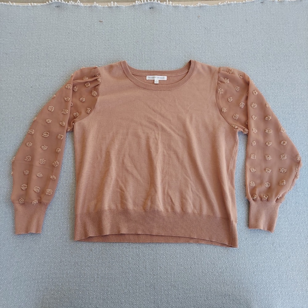 Madison + Hudson Sweater Womens XL Tan Pom Pom Sheer Puff Sleeve Knit Top